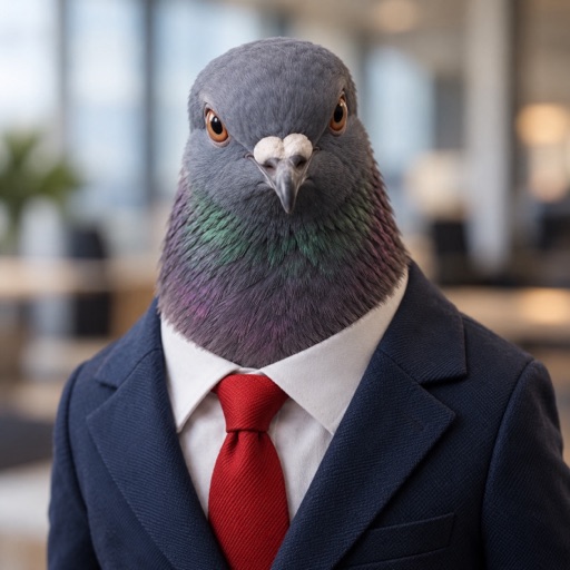 Gerald’s profile photo: a pigeon in a tiny suit.